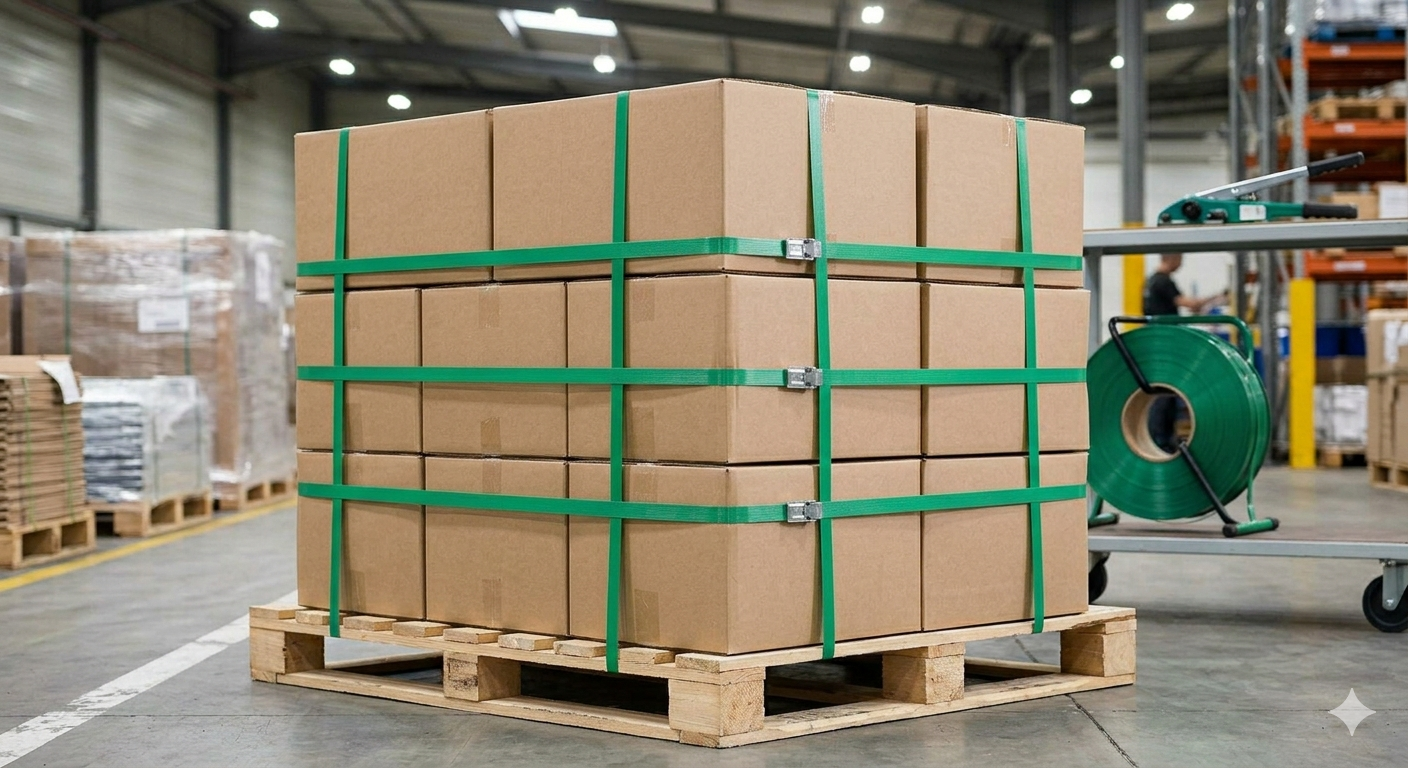 A neat, square stack of uniform brown cardboard boxes piled on a wooden pallet on a warehouse floor. The entire load is securely bound with both vertical and horizontal bands of green PET plastic strapping.